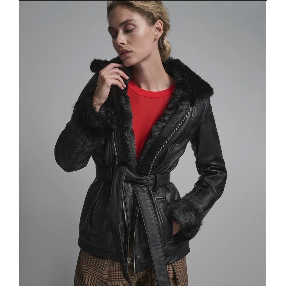 Wilsons Leather Jacket Women XL Brown Hood Faux Fur Lined Belted Parka Genevieve